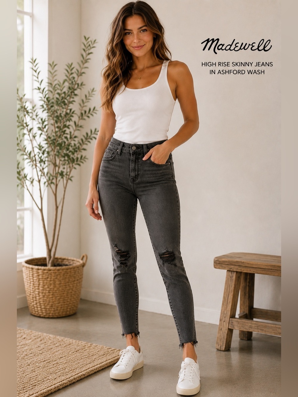 🖤 Madewell 9” Mid-Rise Skinny Jeans in Black - Distressed - Raw Hem